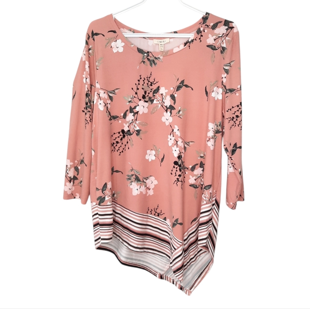 Como Blu Floral Striped Asymmetrical Hem Top Peach Rose Color Womens Size Large